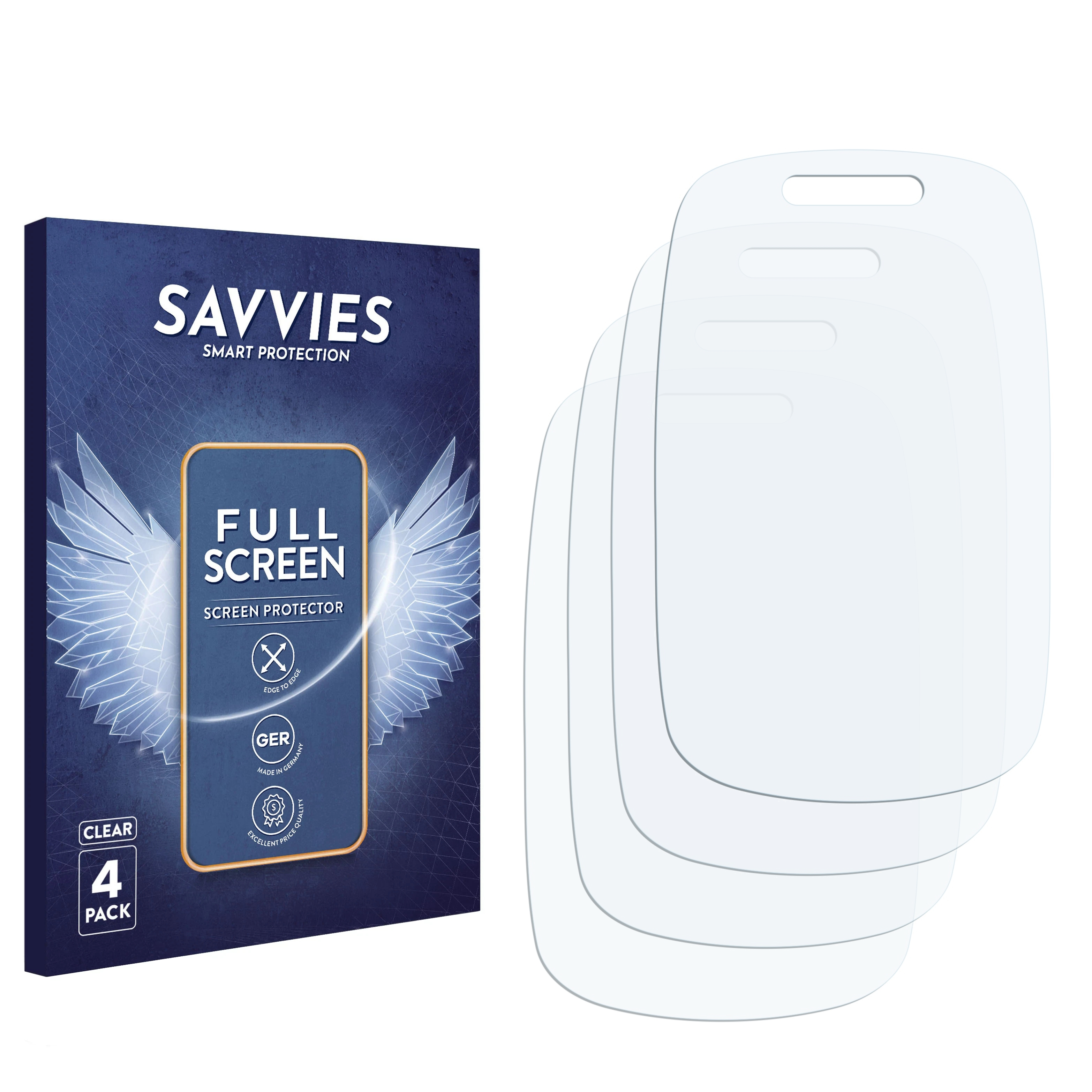Eine Box mit Displayschutzfolien. Vier klare Schutzfolien und eine Box mit dem Markennamen Savvies.