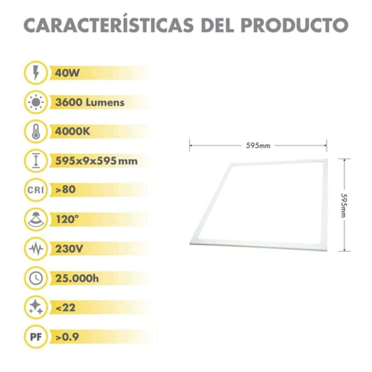 Diagrama que muestra las especificaciones del producto para una luz de panel, incluyendo vatios, lúmenes y dimensiones.