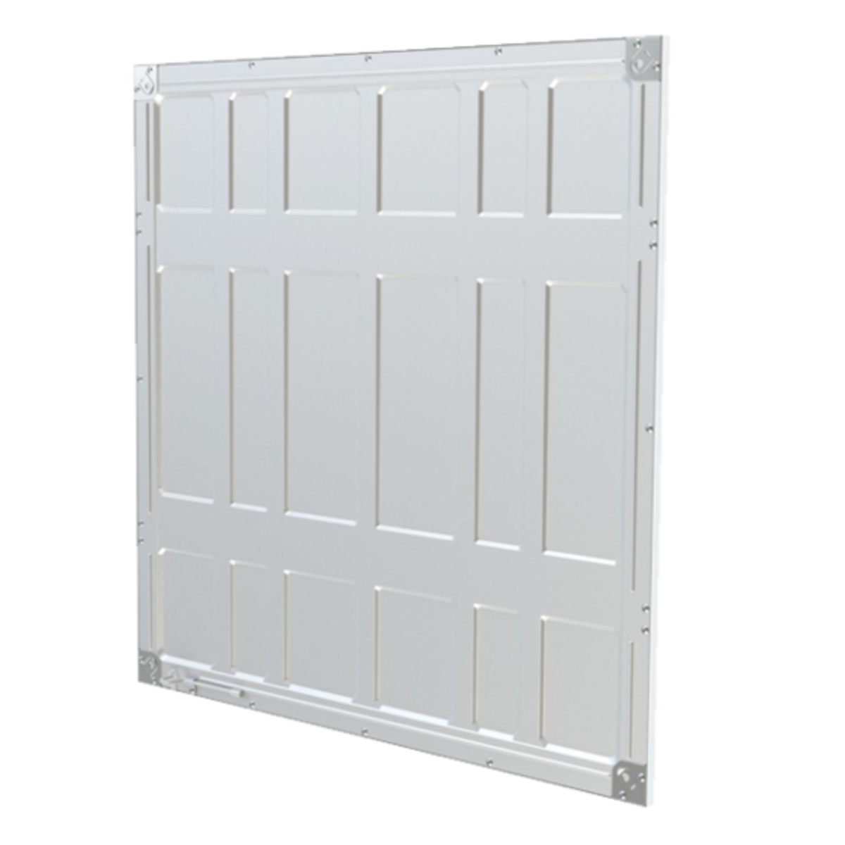 Panel de puerta de garaje blanco, con diseños rectangulares, visto contra un fondo liso.