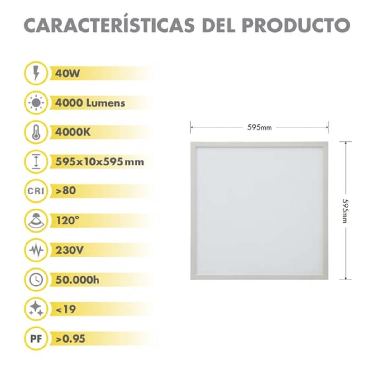 Información de características del producto con panel de luz. Muestra: 40W, 4000 lúmenes, 4000K, 595x10x595mm, CRI <gt/>80.