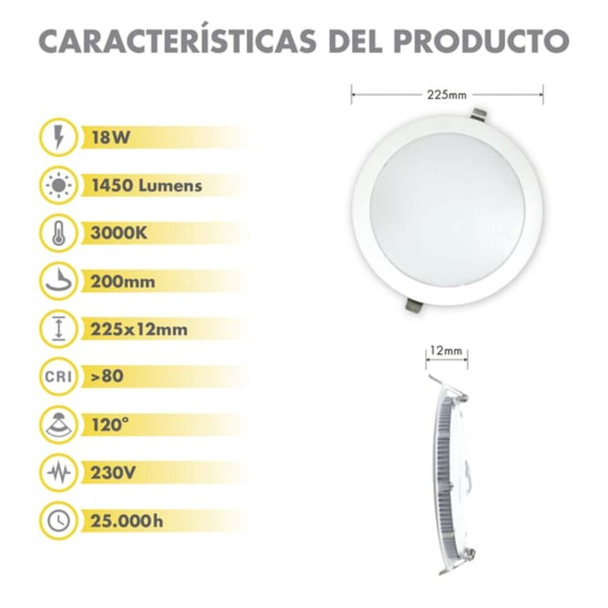 Luz LED blanca con detalles. Especificaciones: 18W, 1450 lúmenes, 3000K, 200mm, CRI<gt/>80, 230V, 25.000h