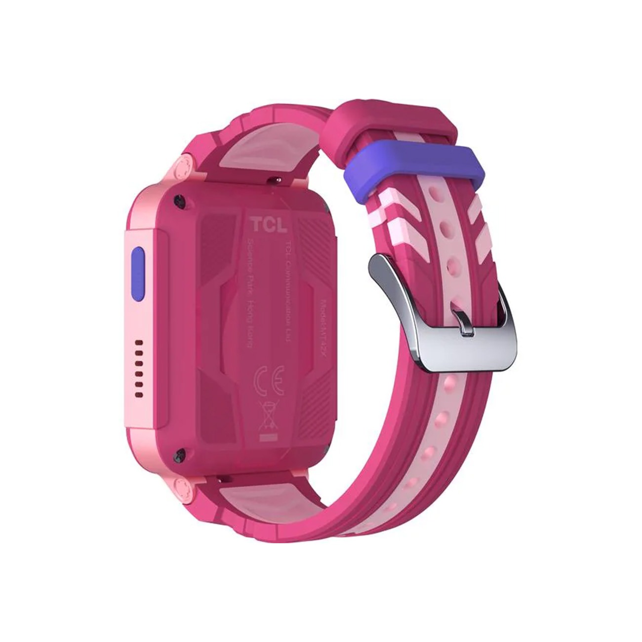 Rückansicht der pinken Smartwatch mit pink-weiß gestreiftem Armband. Das Band hat einen Verschluss.