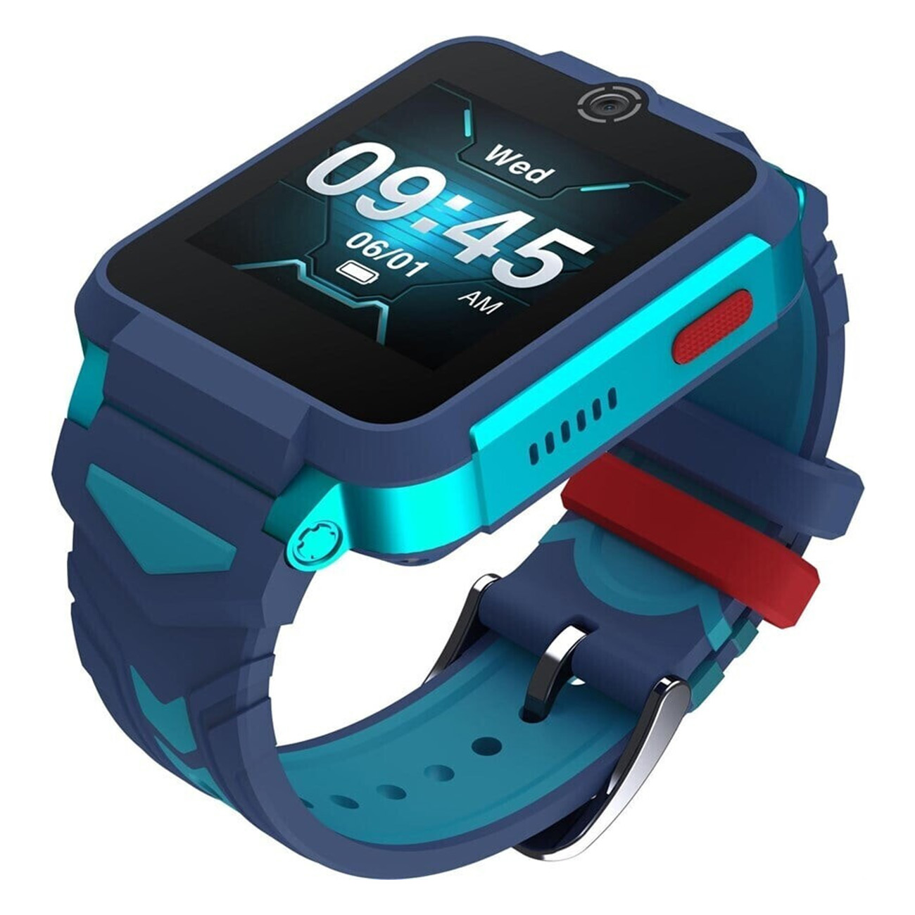 Eine blaue und türkisfarbene Smartwatch mit schwarzem Bildschirm und rotem Knopf. Weißer Hintergrund.