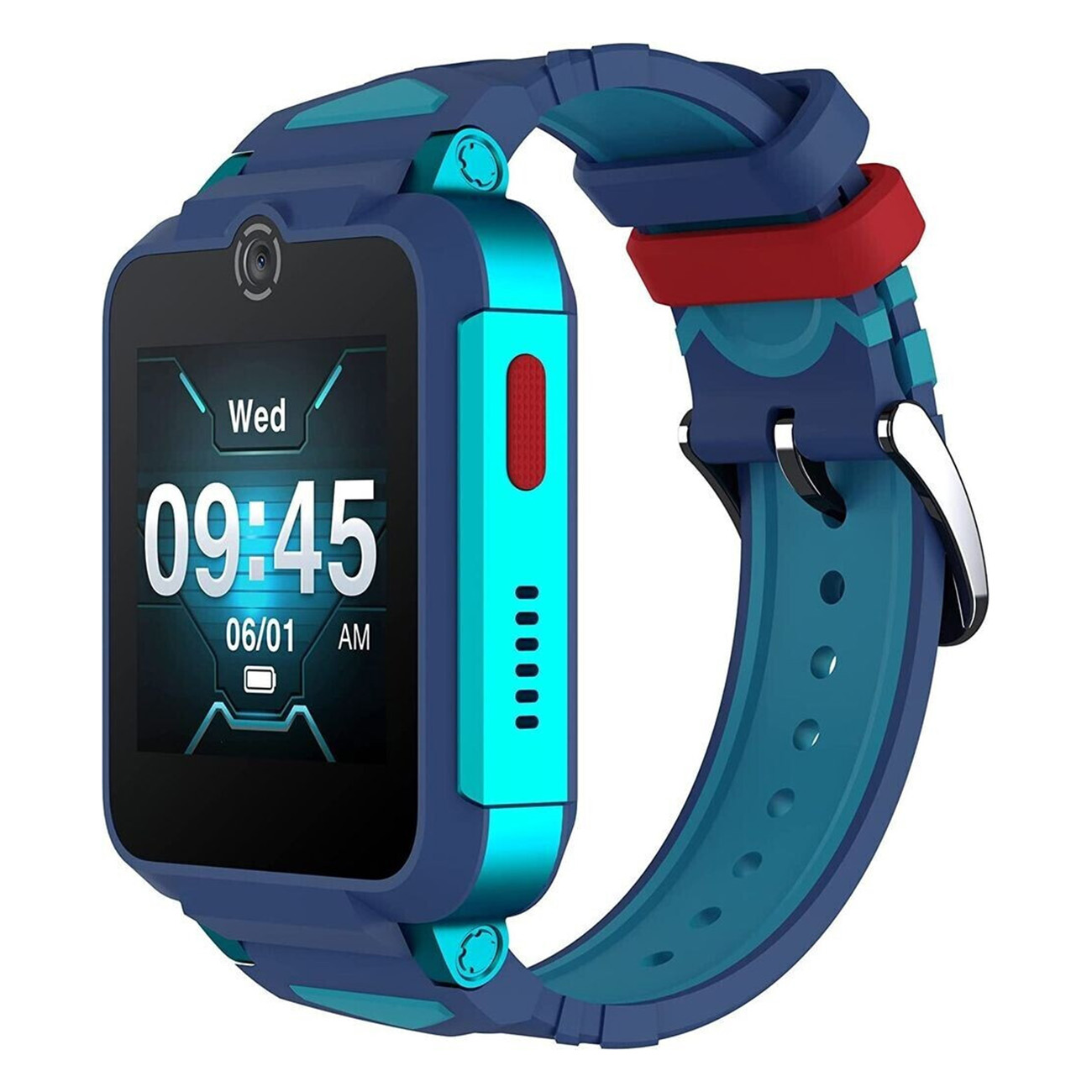 Blaue Smartwatch, schwarzer Bildschirm mit Zeit und Datum, rote Seitentaste.