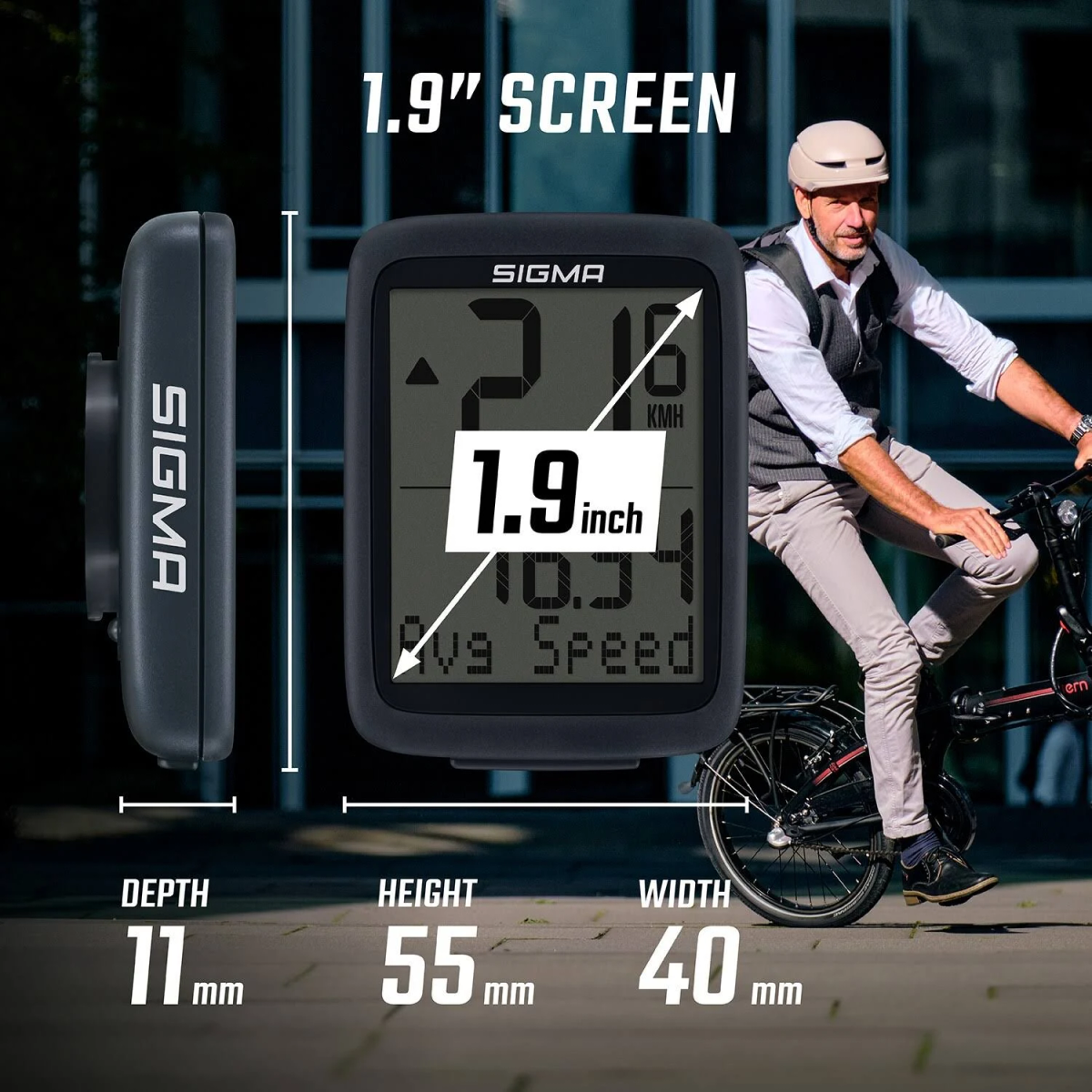 Schwarzer Fahrradcomputer mit Radfahrer im Hintergrund, Text-Overlay.