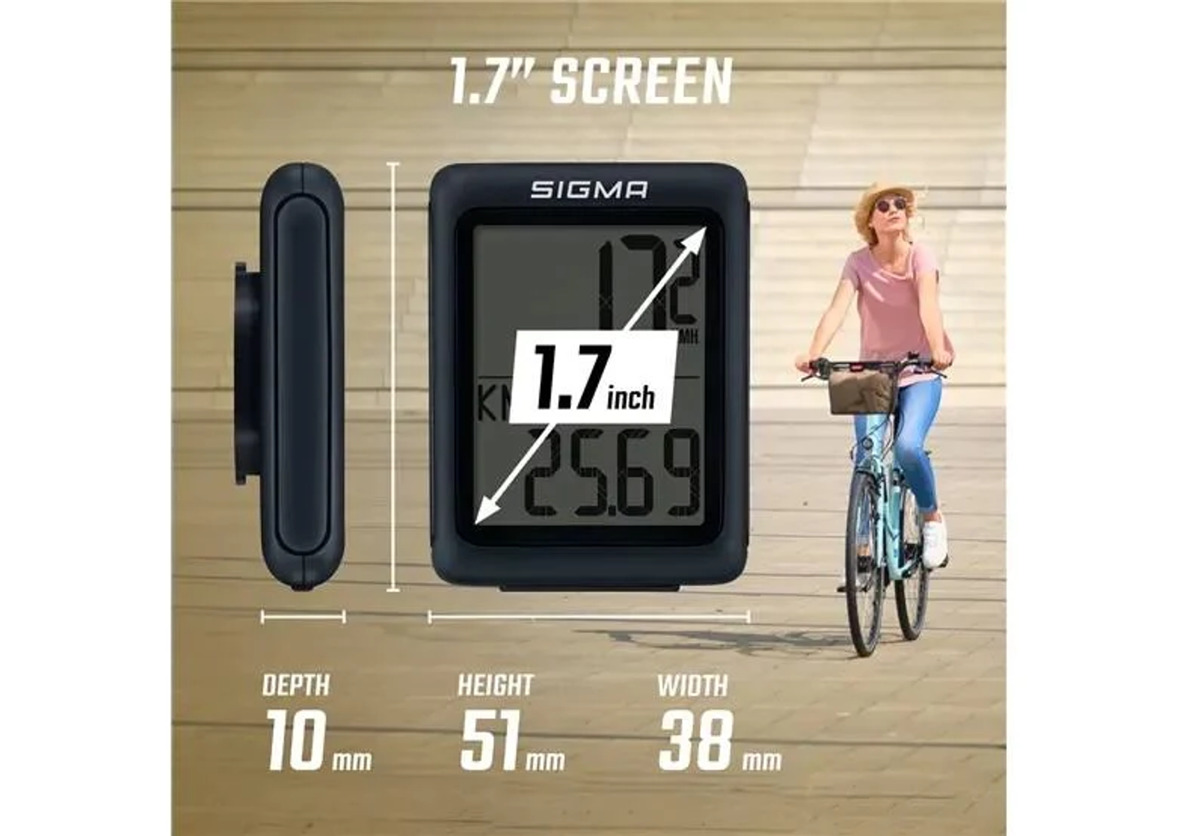 Fahrradcomputer mit 1,7", 17,2 km/h und 25,69 neben einer Frau, die Fahrrad fährt. Maße links.
