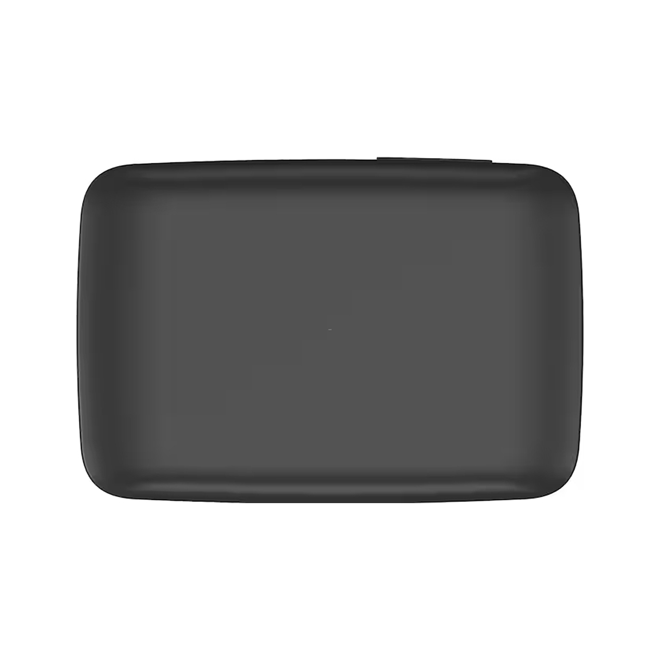 Draufsicht auf ein dunkelgraues rechteckiges Gerät, wahrscheinlich ein Computer oder Tablet.
