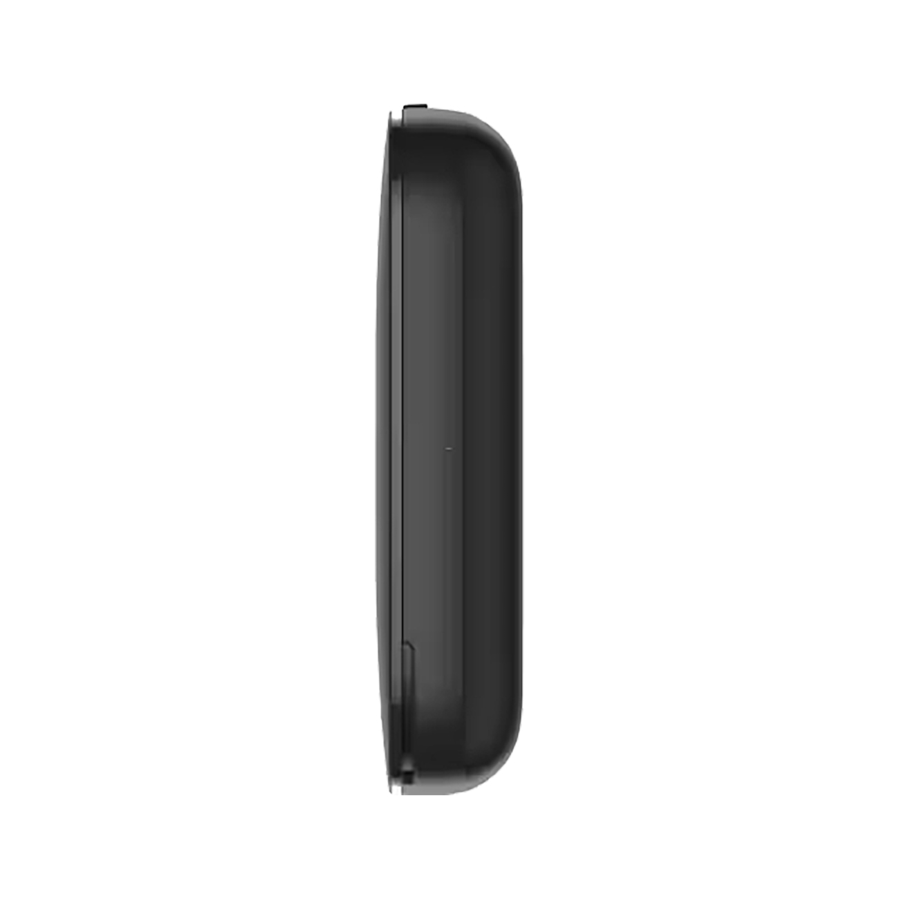 Ein schwarzes Gerät, wahrscheinlich ein Mobiltelefon, im Profil gezeigt.