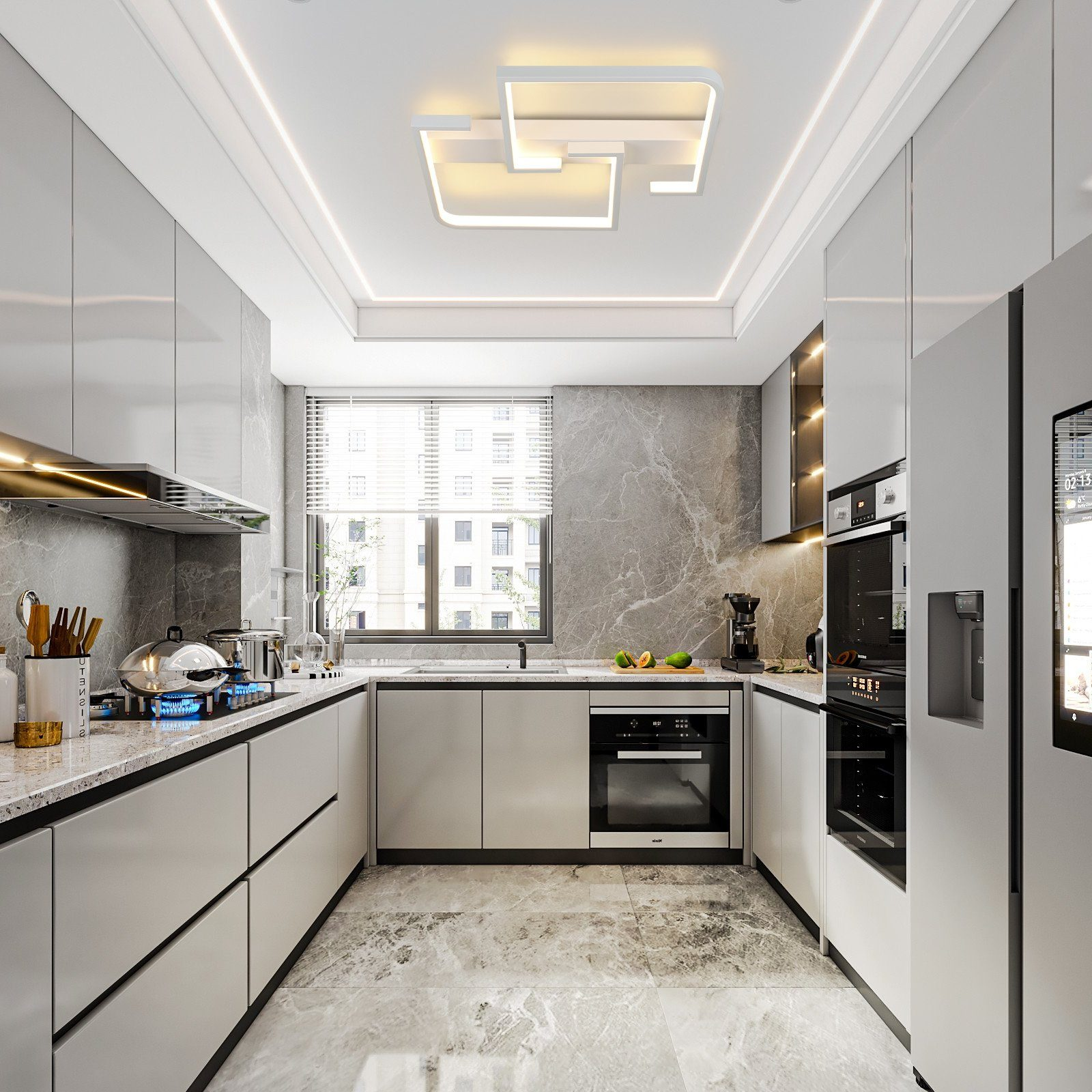Cocina moderna: gabinetes blancos, encimeras de mármol, ventana, electrodomésticos y luces de techo.