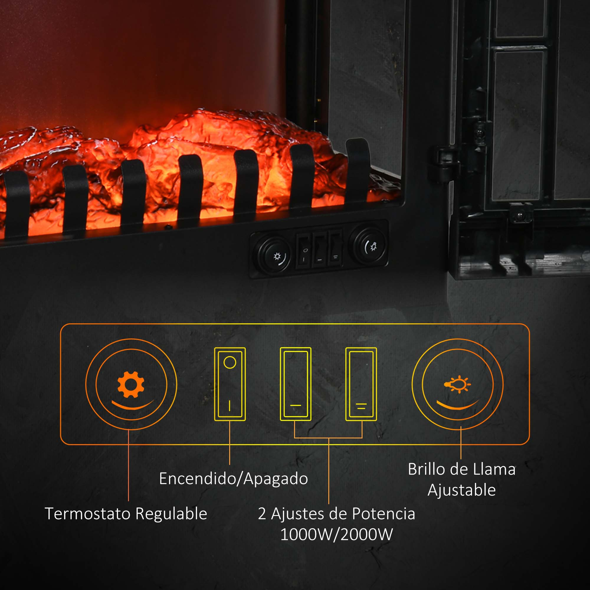 Primer plano de los controles de una chimenea eléctrica. Muestra botones de encendido, brillo de la llama y termostato.