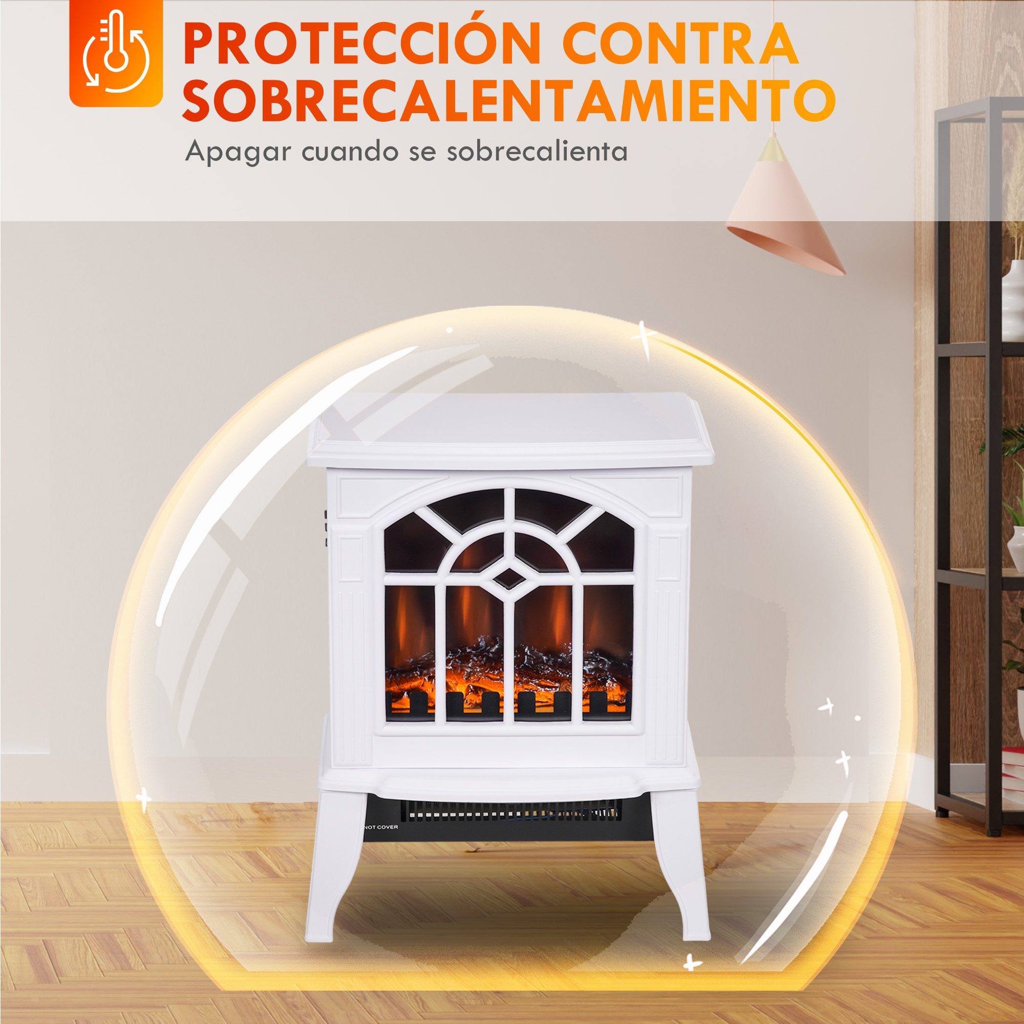 Chimenea eléctrica blanca con efecto llama. Delante, una burbuja transparente con texto.