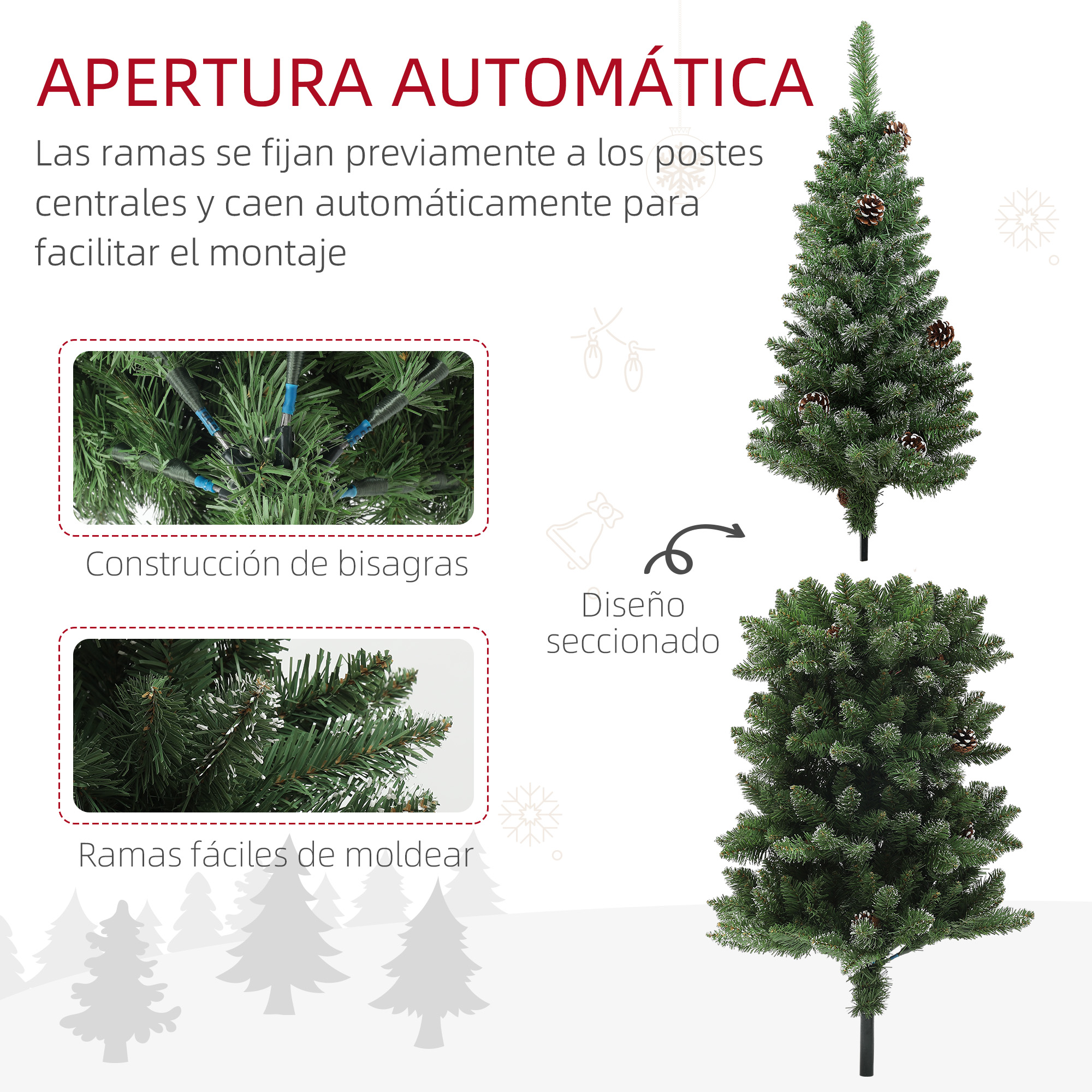 Guía de montaje del árbol de Navidad artificial. Muestra detalles de la rama y la construcción de bisagras.