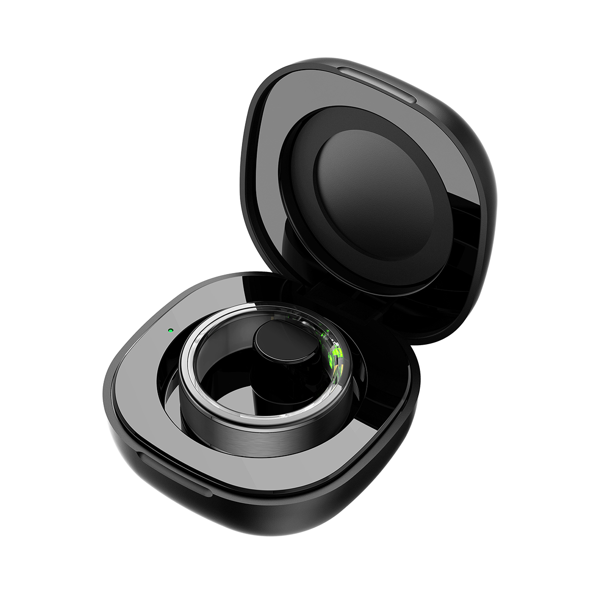 Czarny pierścień z etui ładującym, pokazujący zielone światło.