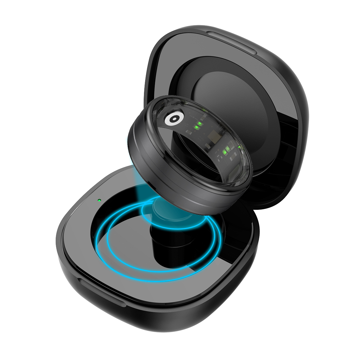 Czarny pierścień z okrągłą podstawą ładującą. Pierścień jest otwarty, pokazując elementy wewnętrzne.