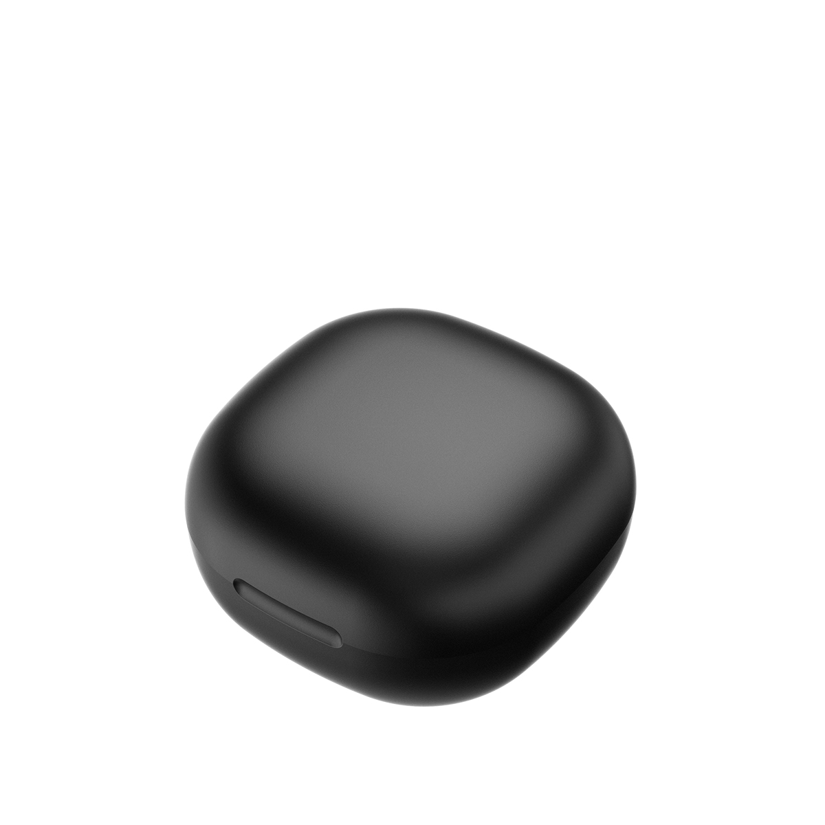 Czarna, zaokrąglona obudowa z lekkim zagłębieniem, prawdopodobnie na słuchawki.