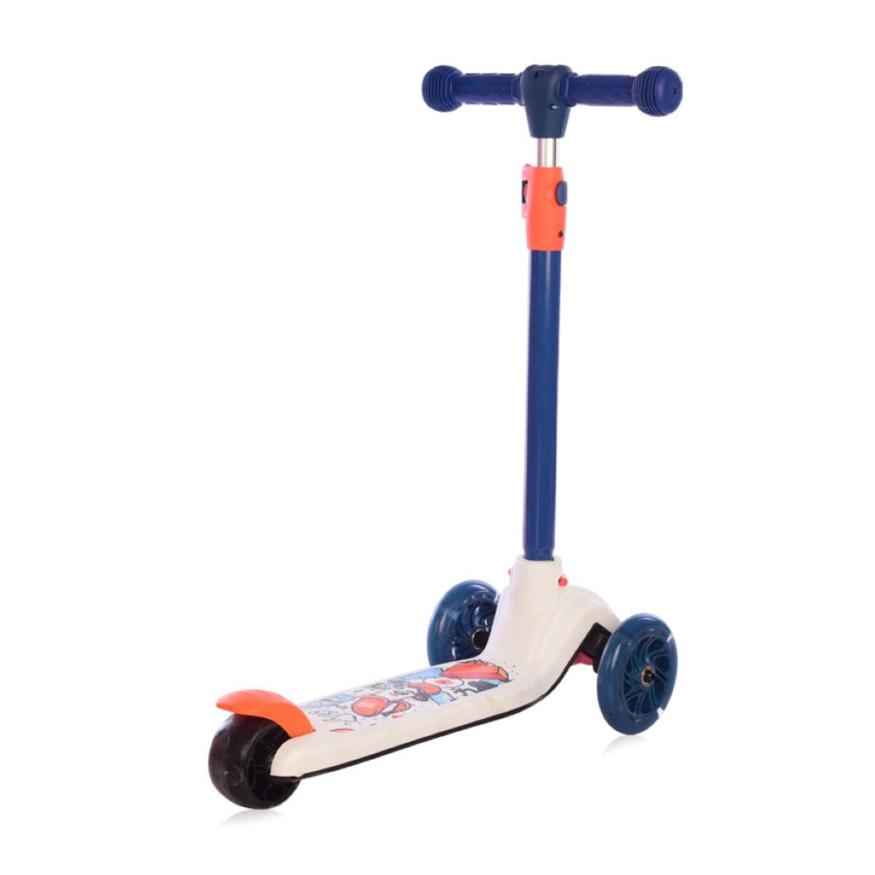 Un patinete blanco y azul de tres ruedas. Soporte para pies naranja y manillar azul.