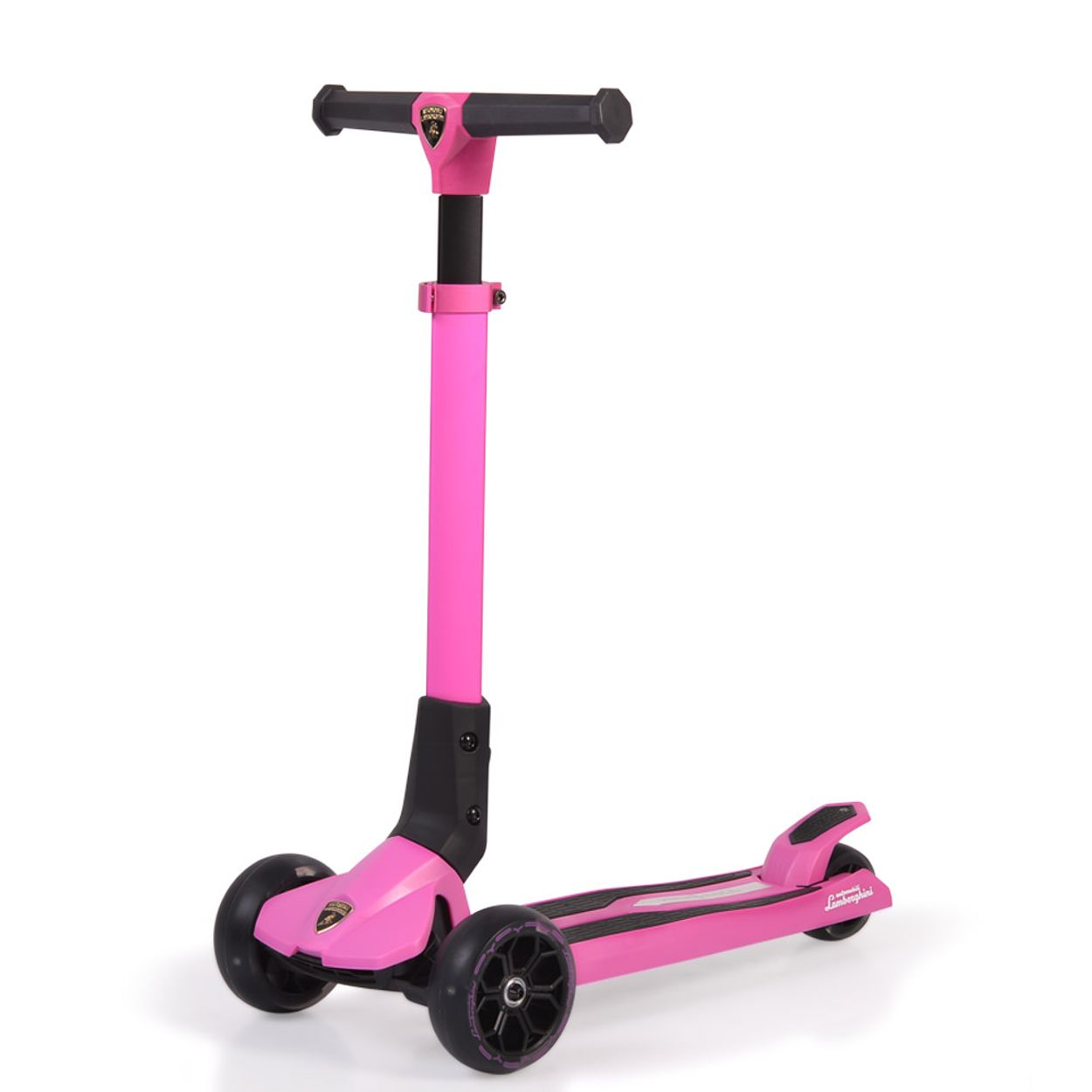 Rosa Dreirad-Roller mit schwarzen Akzenten. Er hat ein Lamborghini-Logo und einen T-Griff.