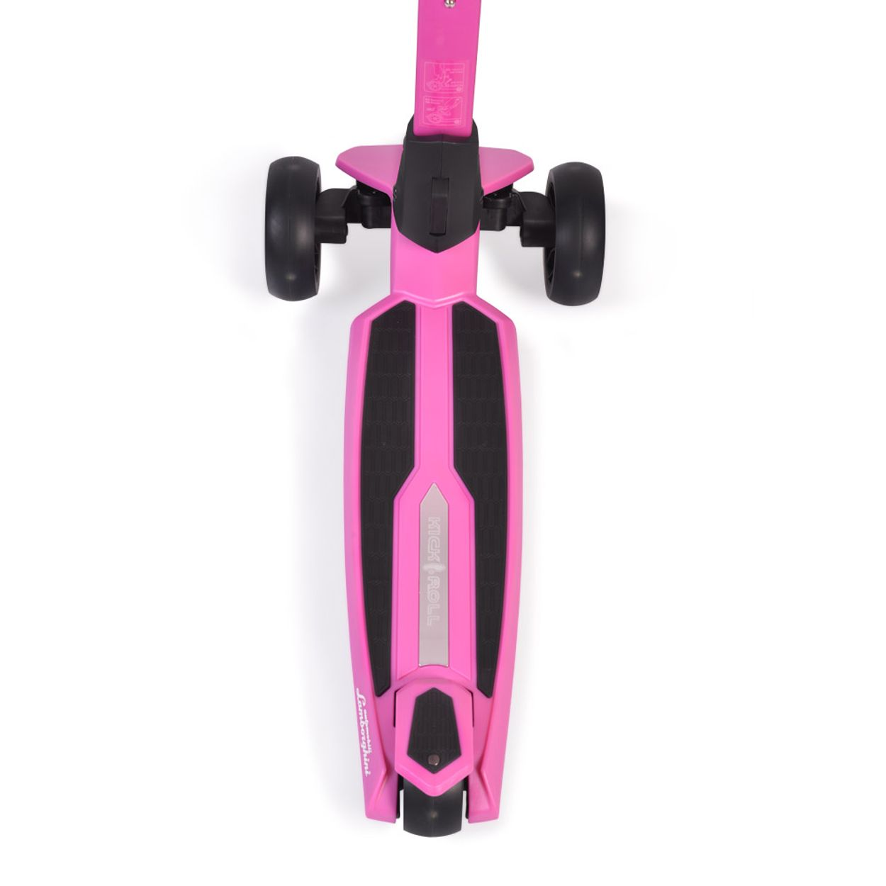 Pinkfarbener Roller mit schwarzen Rädern und Deck.