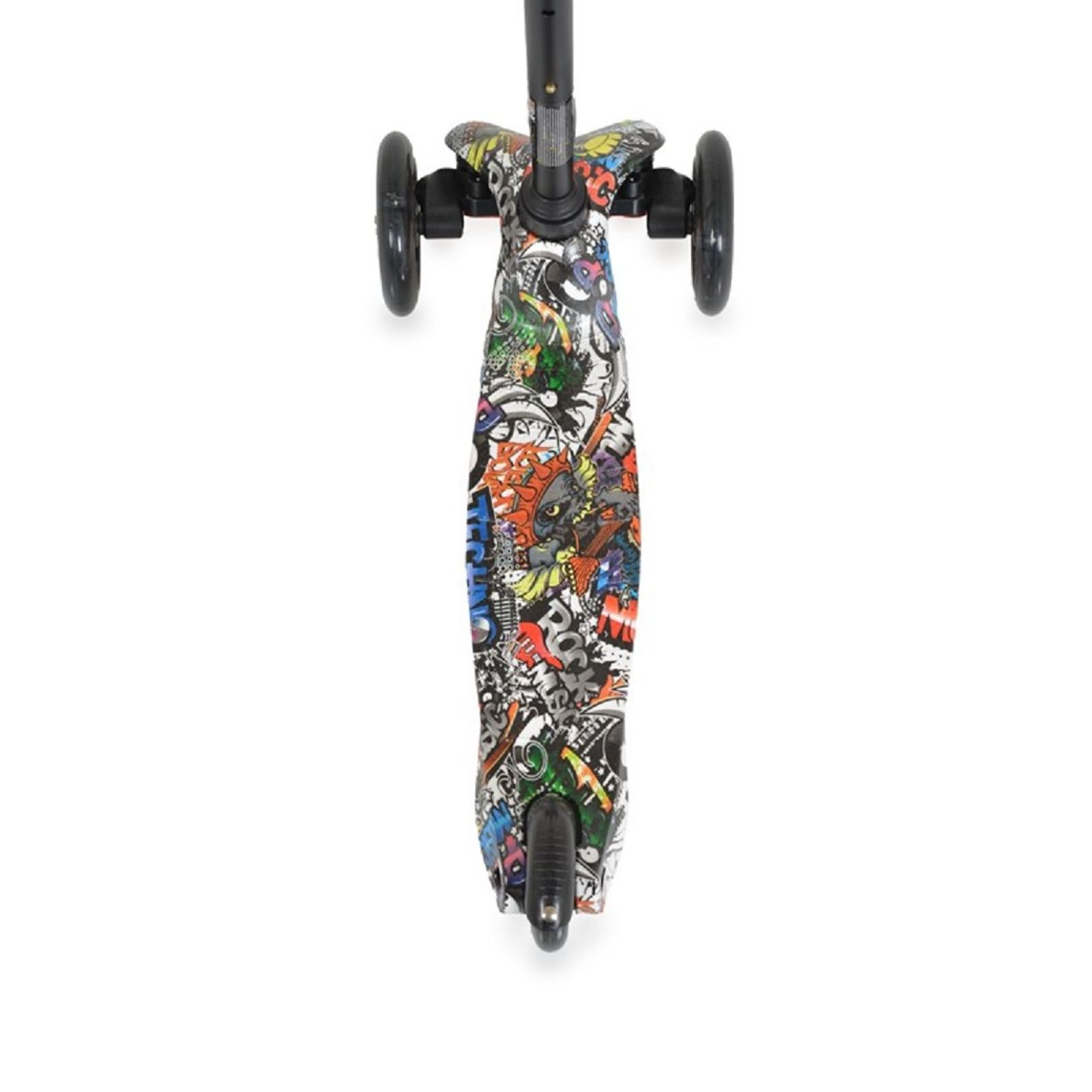 Roller von oben mit farbenfrohem Design. Hat drei Räder.