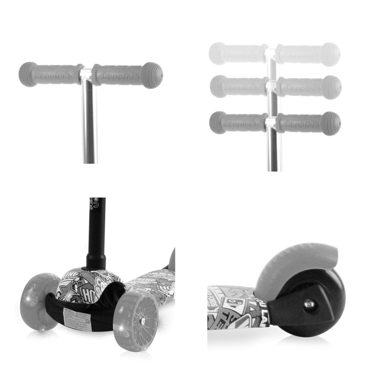 Schwarzer und grauer Roller mit drei Rädern. Der Lenker ist grau und mit "Scooter" bedruckt.
