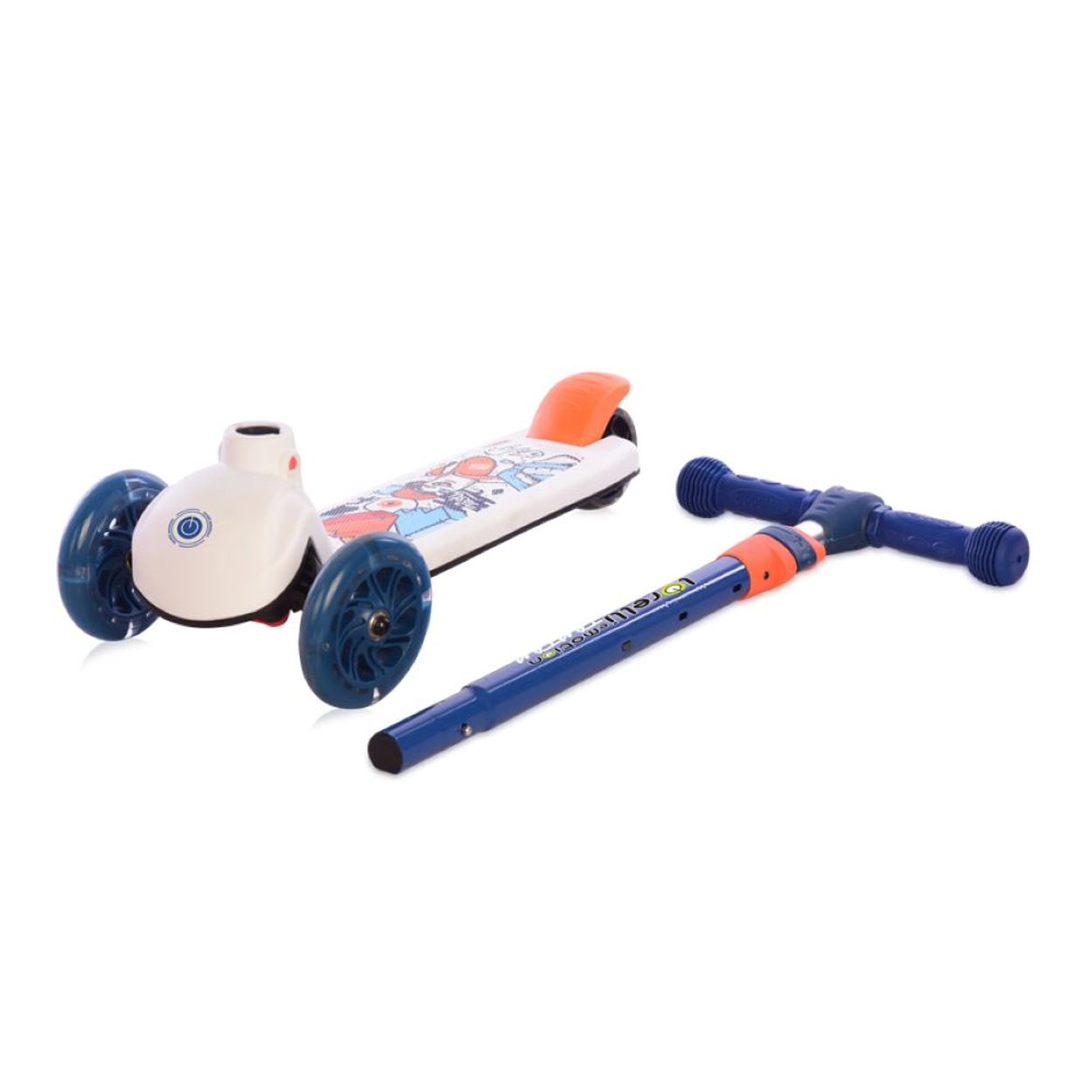 Un patinete azul y blanco con un manillar naranja y un manillar desmontado.