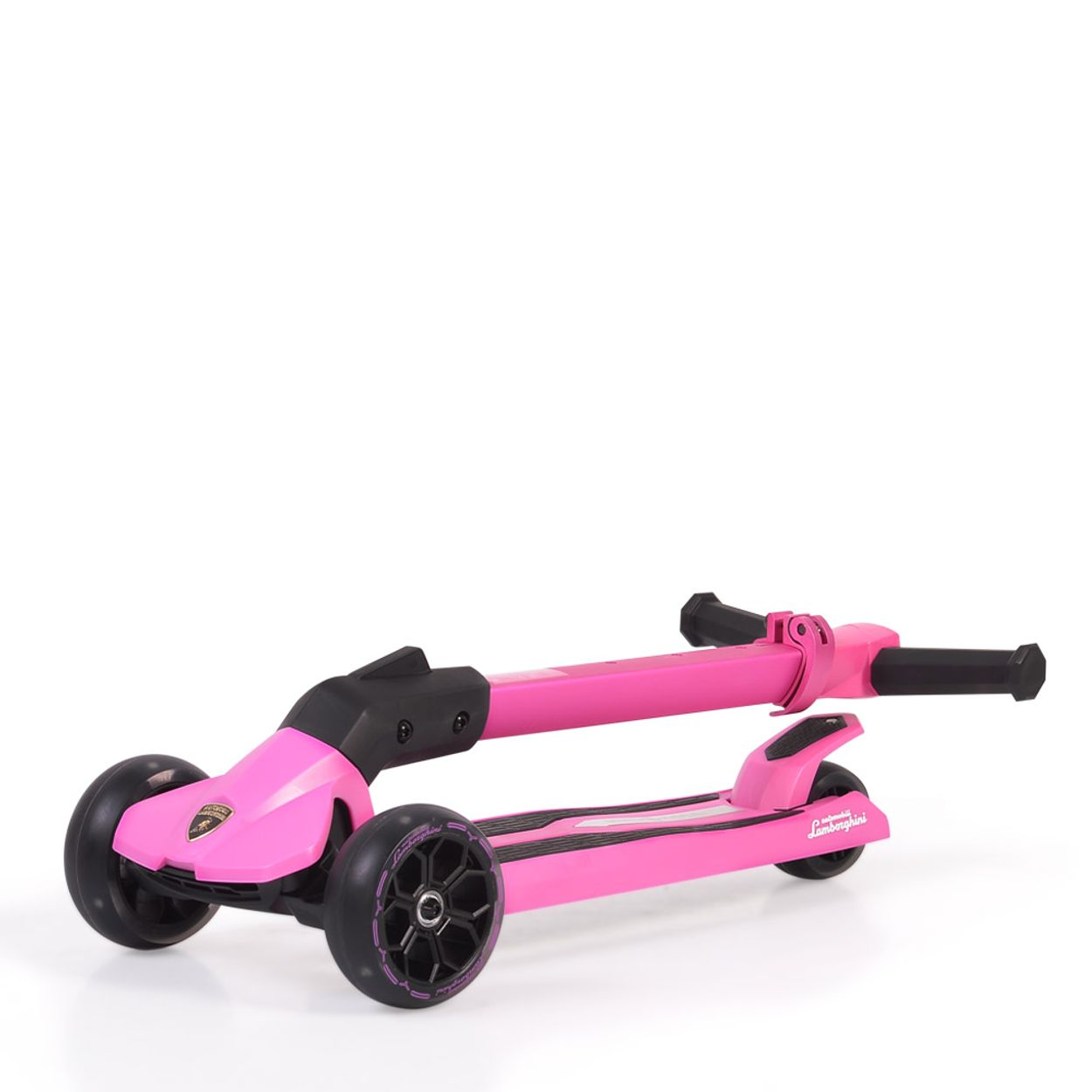 Rosa Lamborghini-Roller mit drei Rädern, schwarzem Griff und Basis, auf weißem Hintergrund.