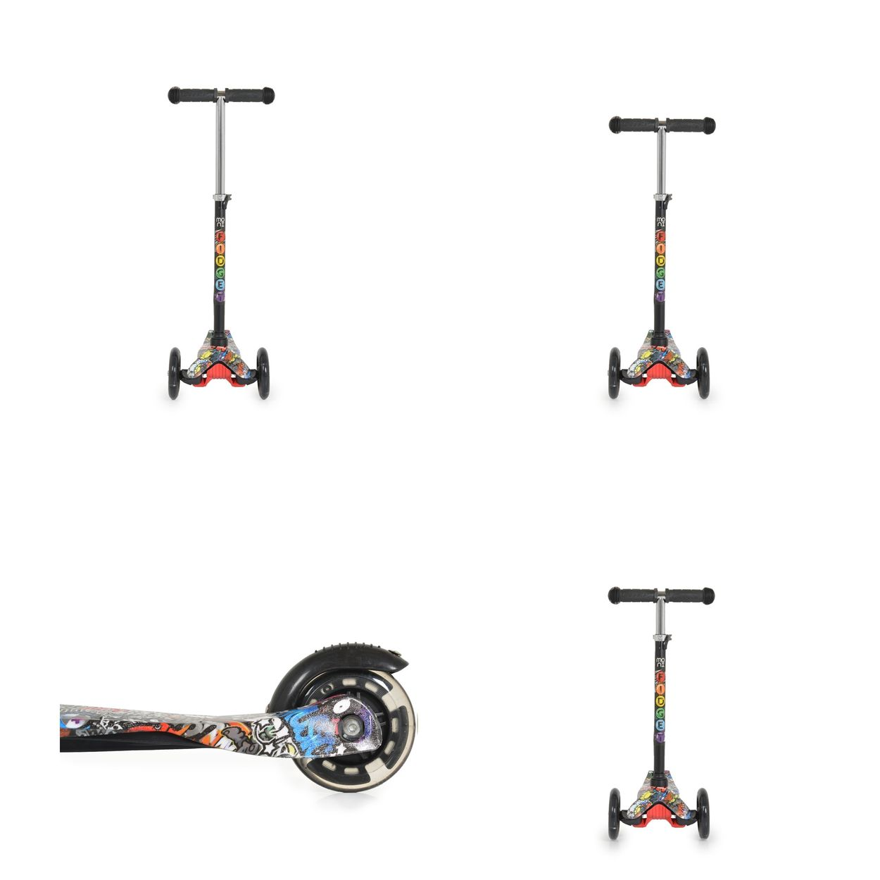Vier Roller mit Graffiti-Designs. Ein Roller ist zerlegt, um das Rad zu zeigen.