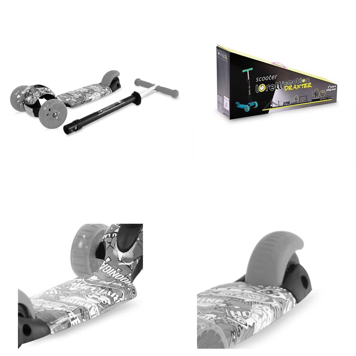 Roller mit Pumpe und Verpackung. Roller und Verpackung in verschiedenen Winkeln. Weißer Hintergrund.