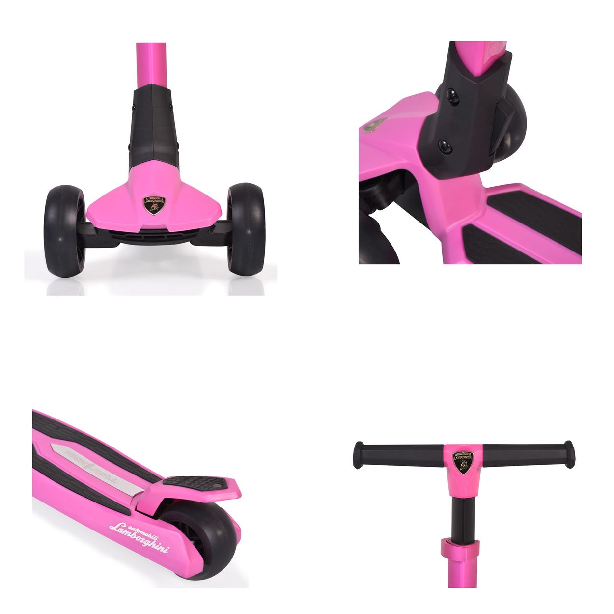 Vier Bilder eines pinkfarbenen Rollers mit schwarzen Rädern und Details. Lamborghini-Logo sichtbar.