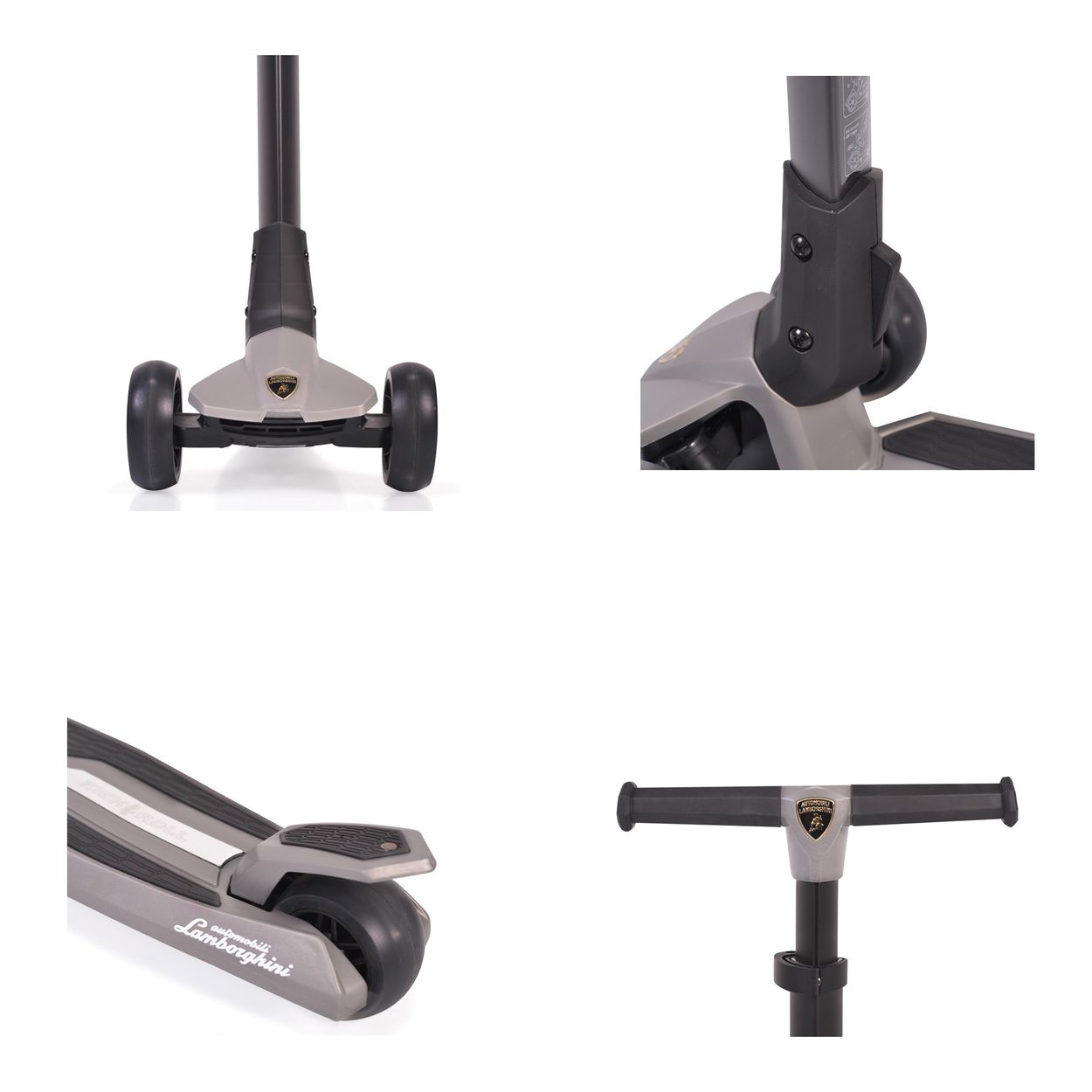 Grauer Lamborghini-Roller, Nahaufnahmen von Rädern, Lenker und Deck. Lamborghini-Logo sichtbar.