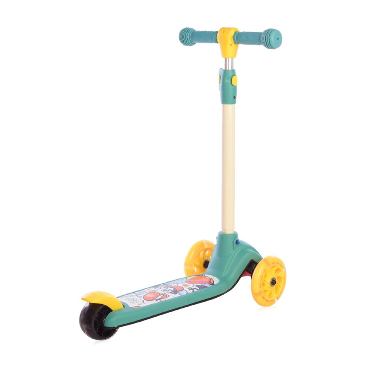 Un patinete verde y amarillo con manillar azul.