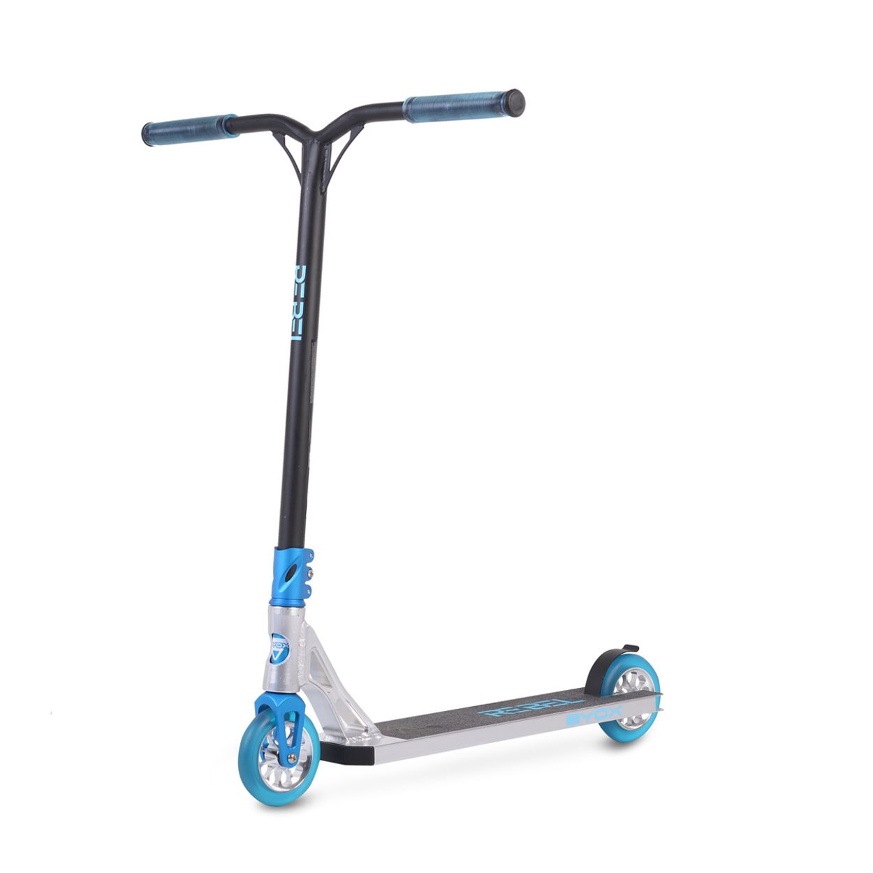 Ein Roller mit blauen Rädern, Lenker und Akzenten, vor weißem Hintergrund.