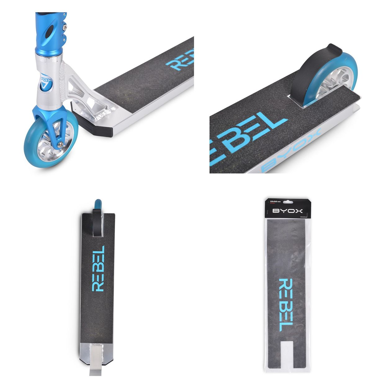 Mehrere Ansichten eines Rollers, die seine Teile zeigen, einschließlich Räder, Deck und Grip-Tape.