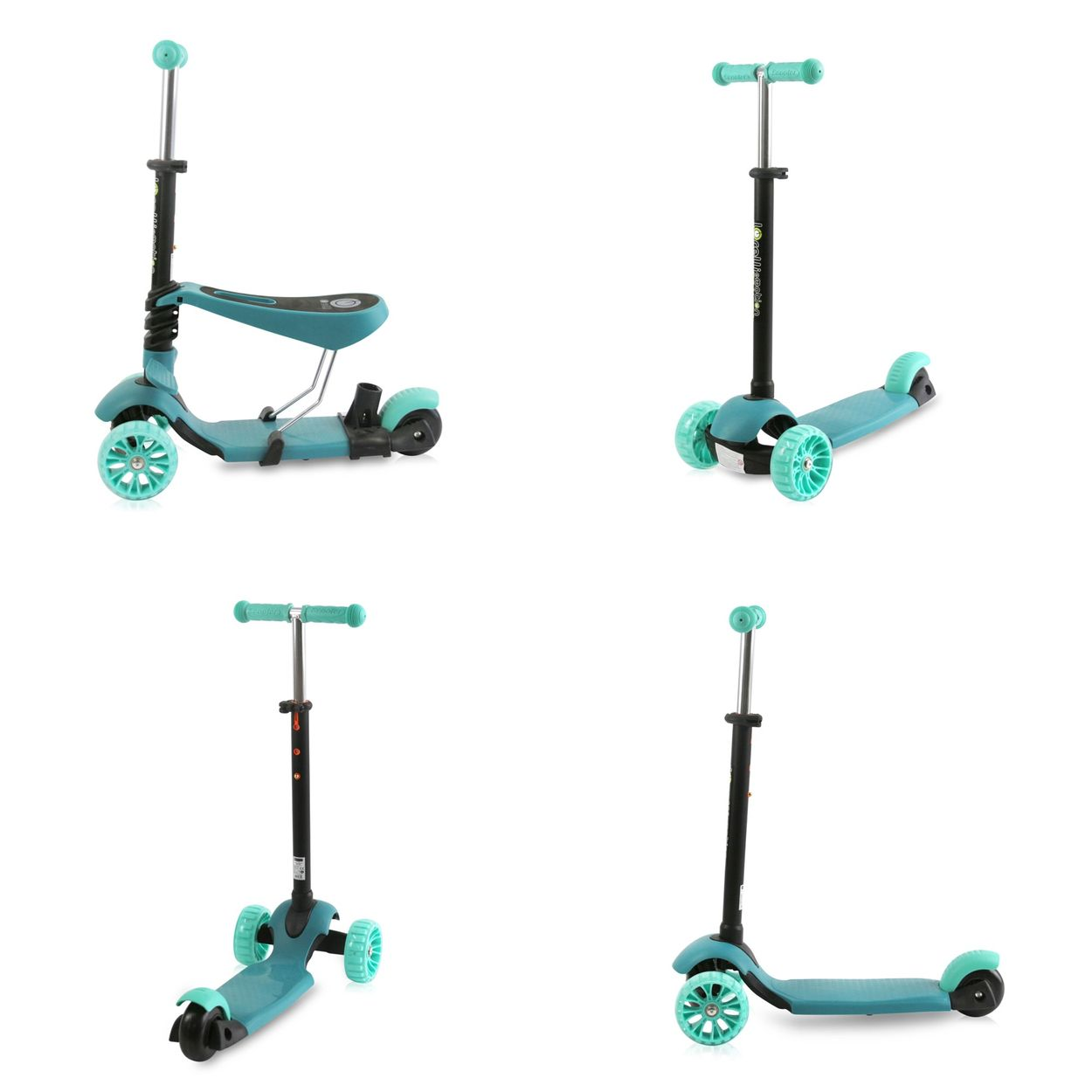 Se muestran cuatro configuraciones diferentes de scooter. Los scooters son de color verde azulado con detalles en negro y fondos blancos.