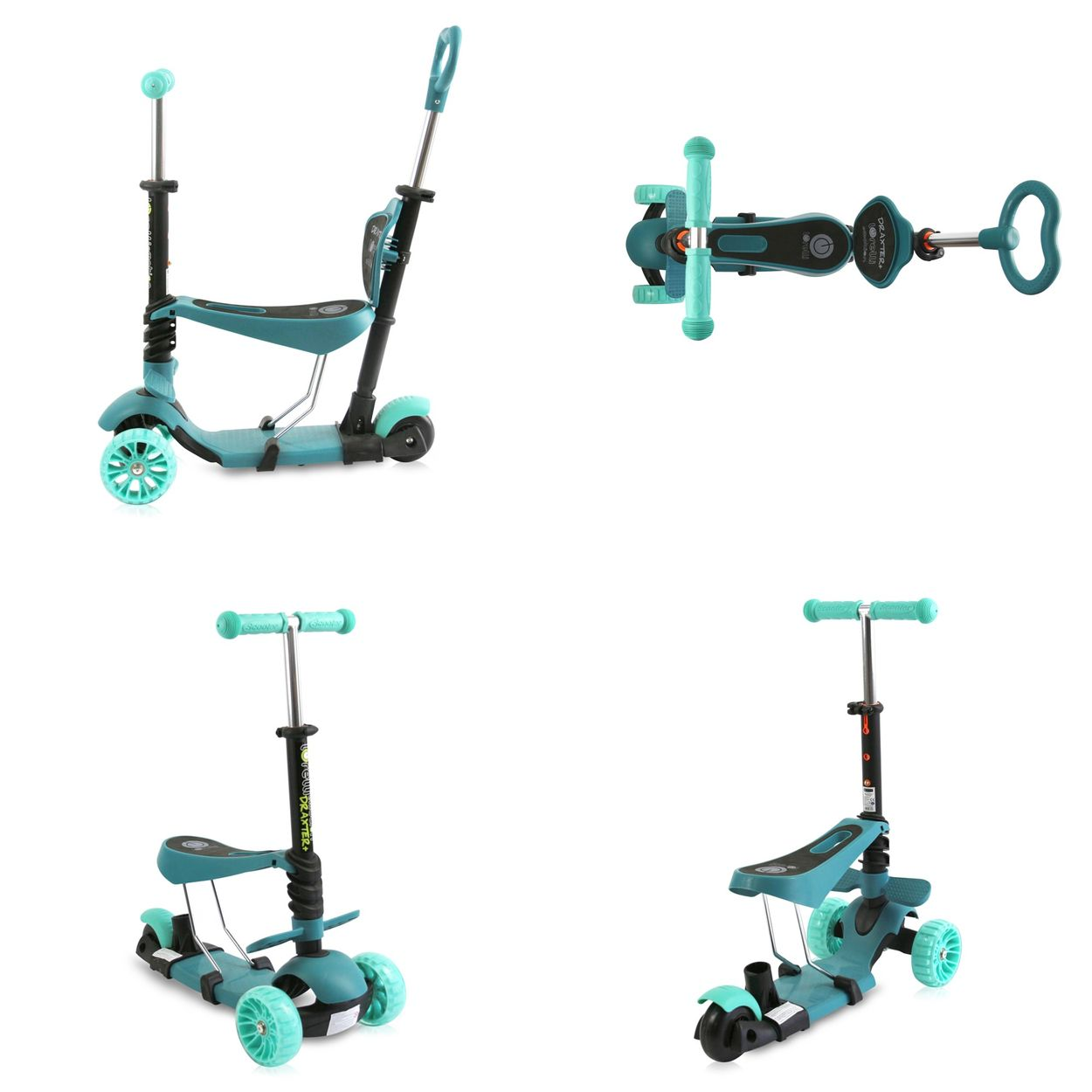 Un scooter azul y verde en múltiples vistas, que muestra varias configuraciones.
