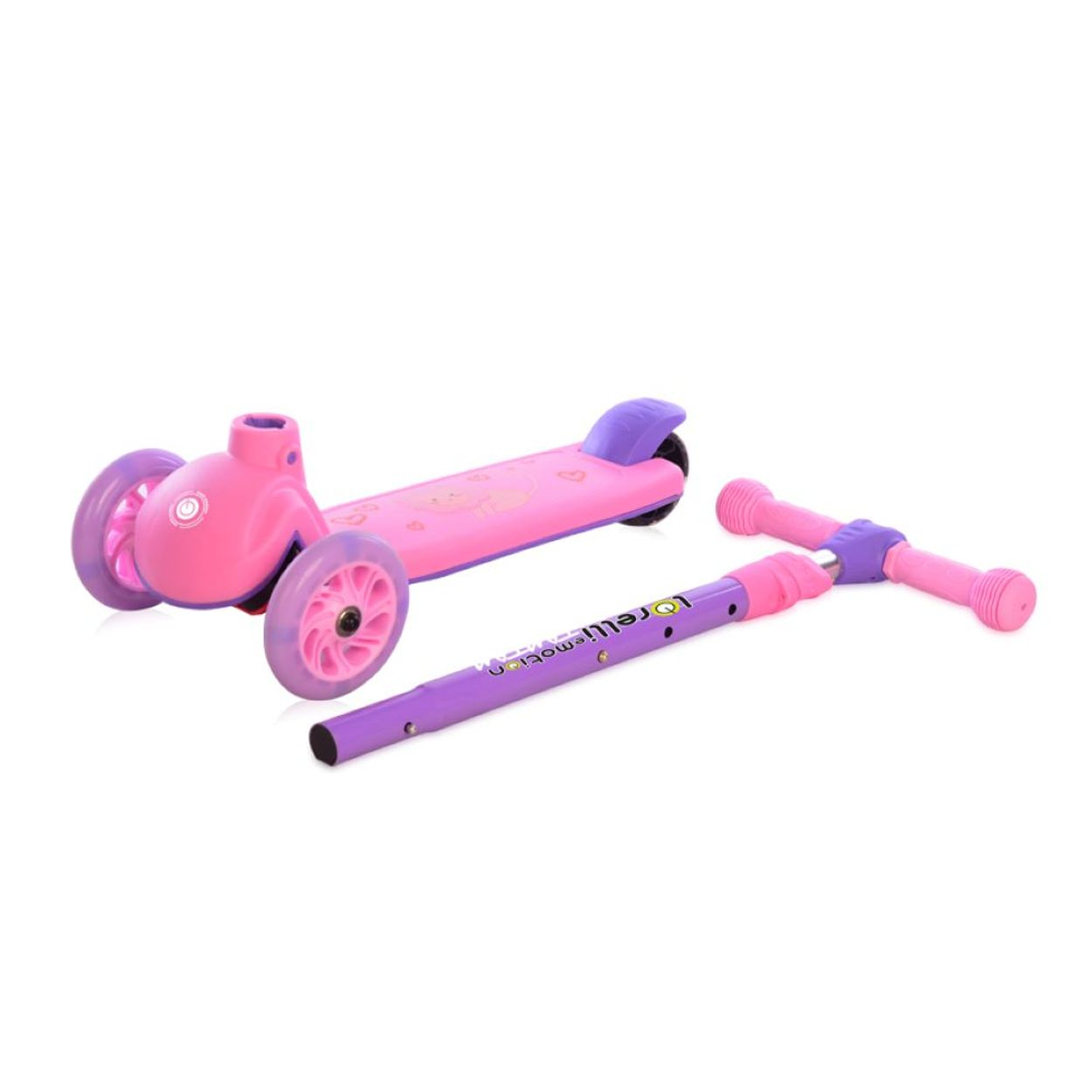 Patinete rosa y morado con tres ruedas y manillar separado.