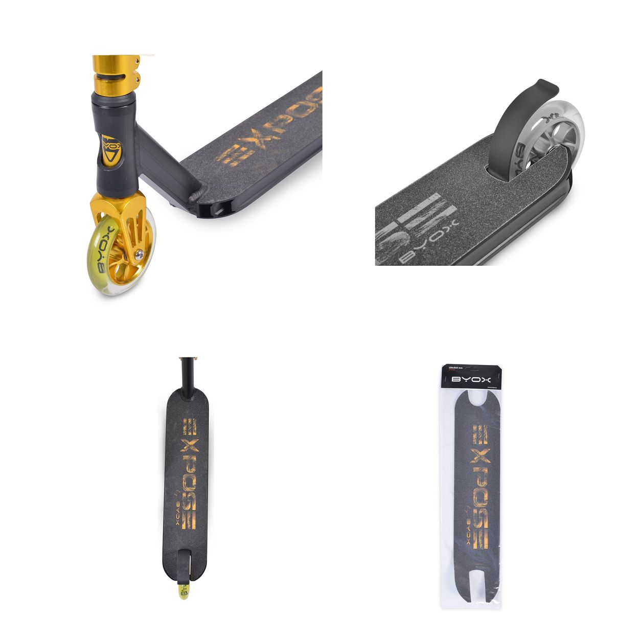 Vier Ansichten eines schwarz-goldenen Rollers. Details umfassen Räder, Deck und Lenker.