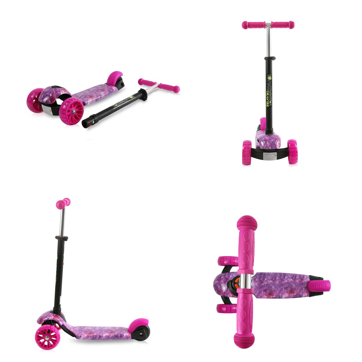 Mehrere Winkel eines pink-lila Rollers mit drei Rädern. Details an Lenker und Deck sichtbar.