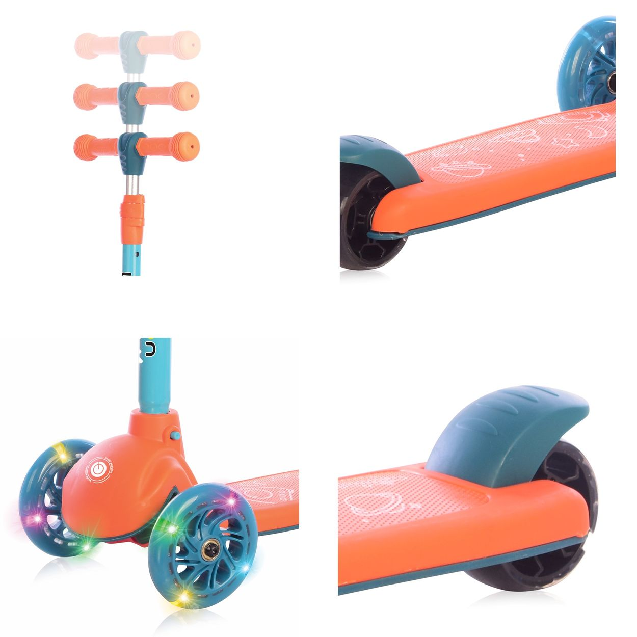 Oranger und blauer Dreiradroller. Der Roller hat einen T-Griff und leuchtende Räder.