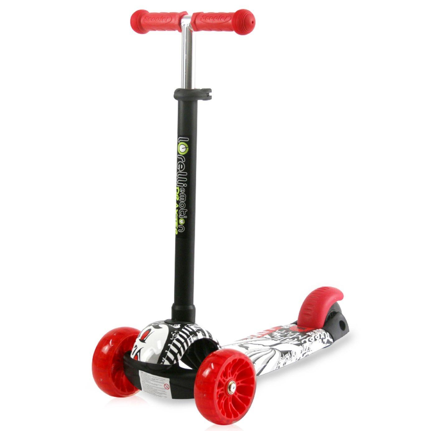 Dreirädriger Roller, rote Räder, schwarz-weiße Basis, rote Lenkergriffe auf Weiß.