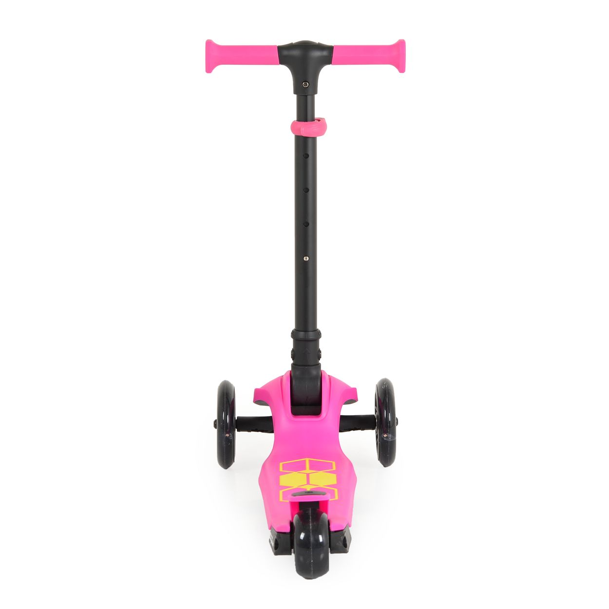 Pinker und schwarzer Roller mit drei Rädern. Er hat einen pinkfarbenen Körper und schwarze Lenker.