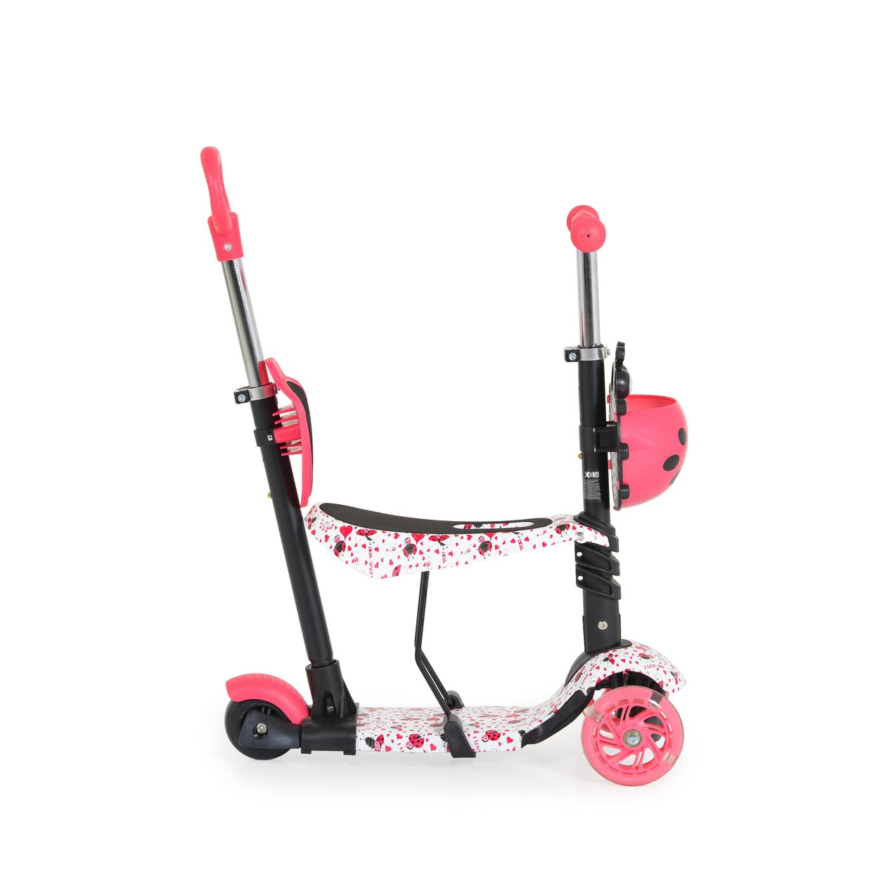 Rosa und schwarzer Roller mit Sitz, Korb und Griff für Eltern zum Schieben.