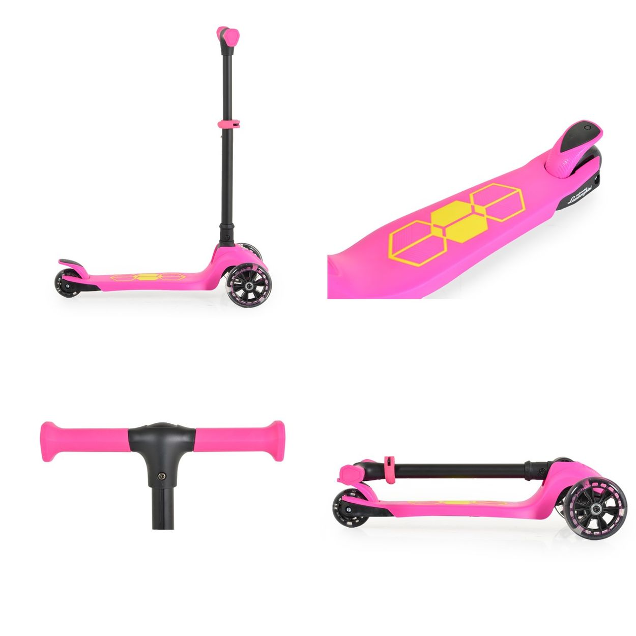 Rosa Roller mit schwarzen Rädern. Es werden mehrere Winkel gezeigt.