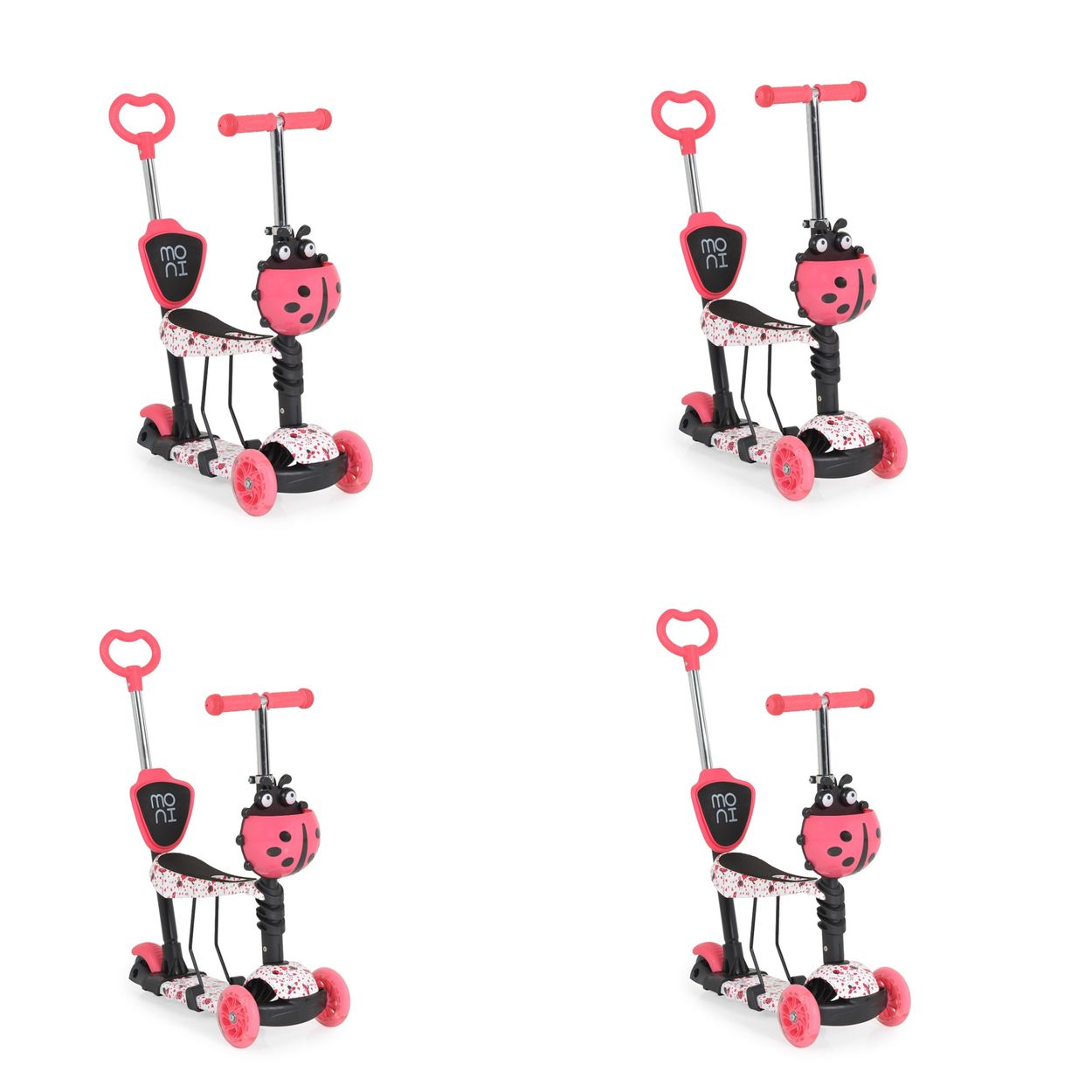 Vier Roller mit rosa Akzenten und Marienkäfer-Details, vor weißem Hintergrund.