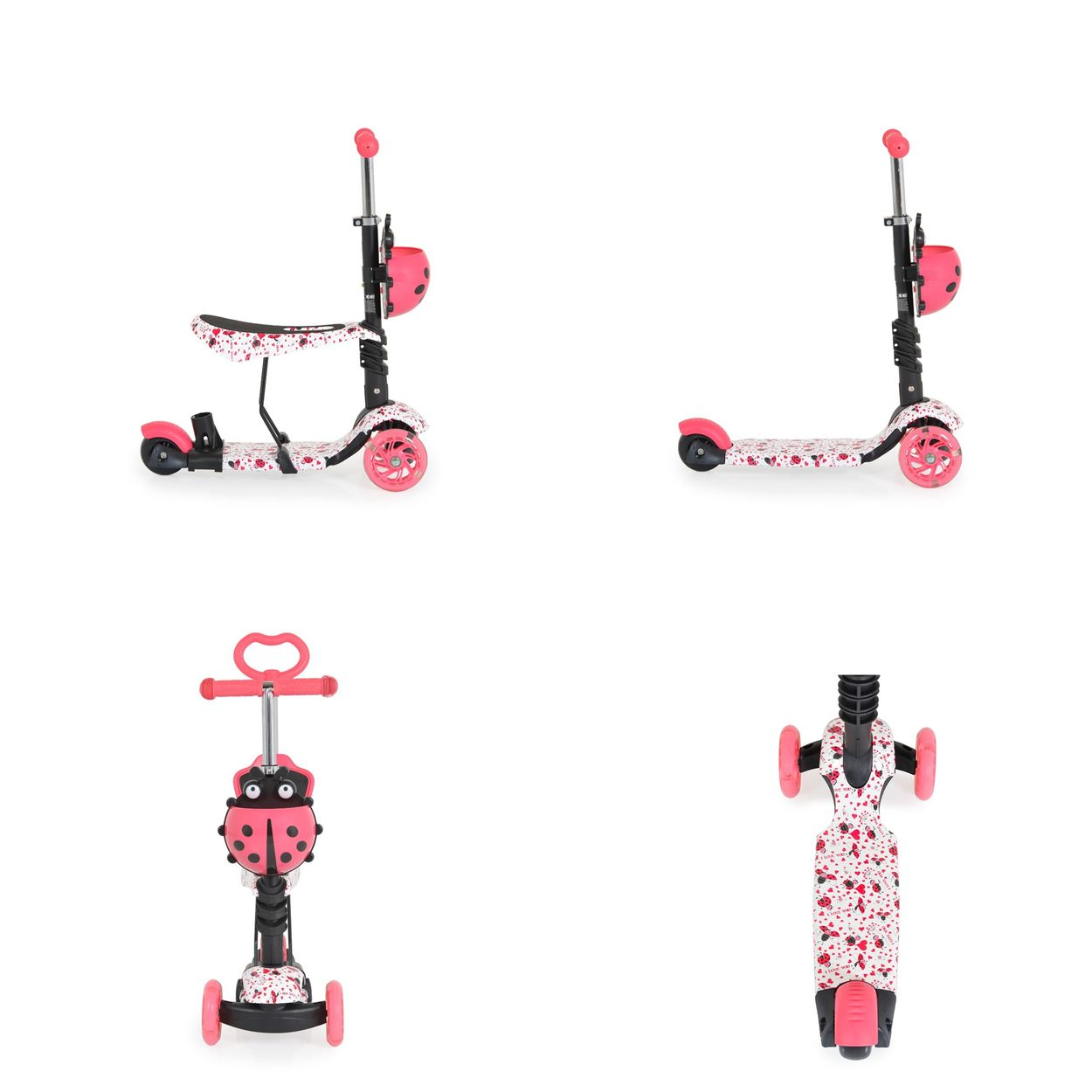 Ein rosa Roller mit Sitz und Elternteil. Marienkäfer-Design mit rosa und roten Punkten.