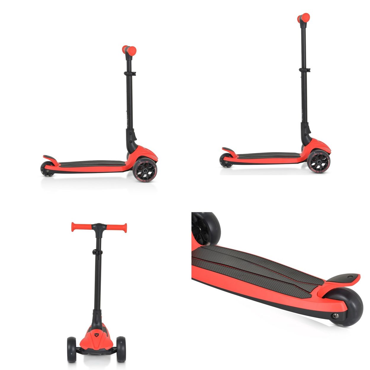 Rote und schwarze Roller in mehreren Ansichten auf weißem Hintergrund.