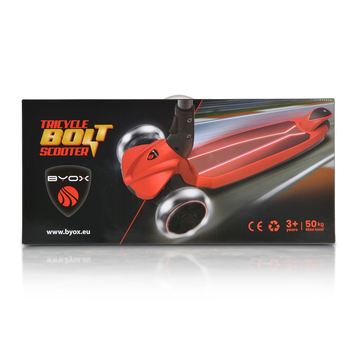 Tricycle Bolt Scooter Box, rotes Design, 3+ Jahre Altersbereich, 50 kg max. Belastung.