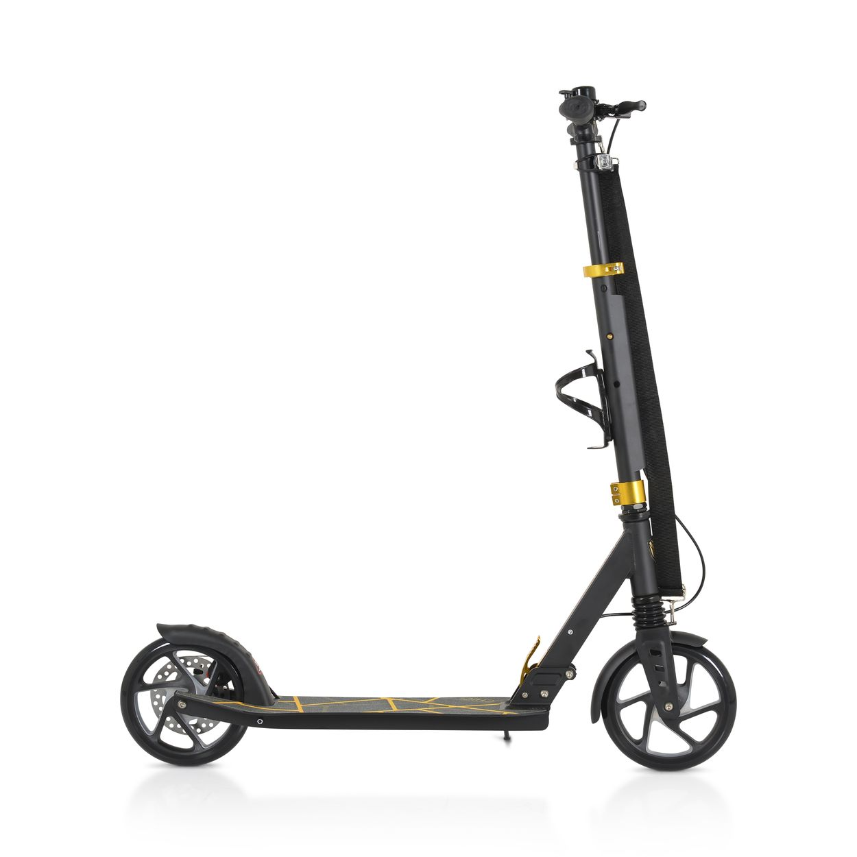 Schwarzer Roller mit zwei Rädern, Seitenansicht, auf weißem Hintergrund.