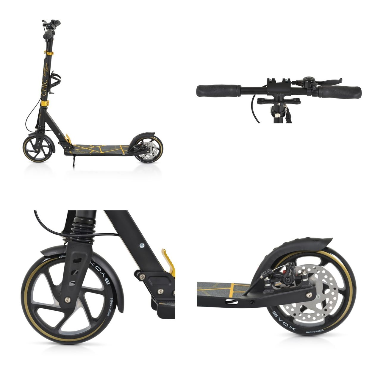 Schwarz-goldener Roller. Details zu Rädern, Federung, Bremsen und Lenker werden gezeigt.