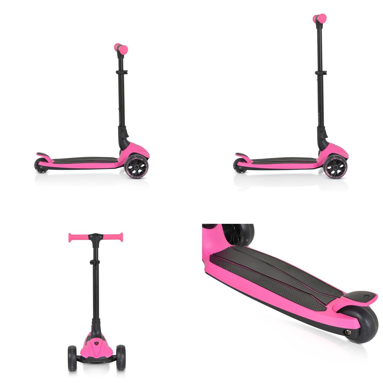 Rosa Dreiradroller. Der Roller hat einen schwarzen T-Griff und eine schwarze Basis.